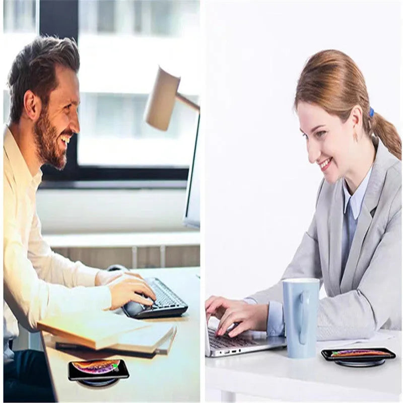 Black or white 15W fast wireless charging pad with LED light and aluminium alloy finish.