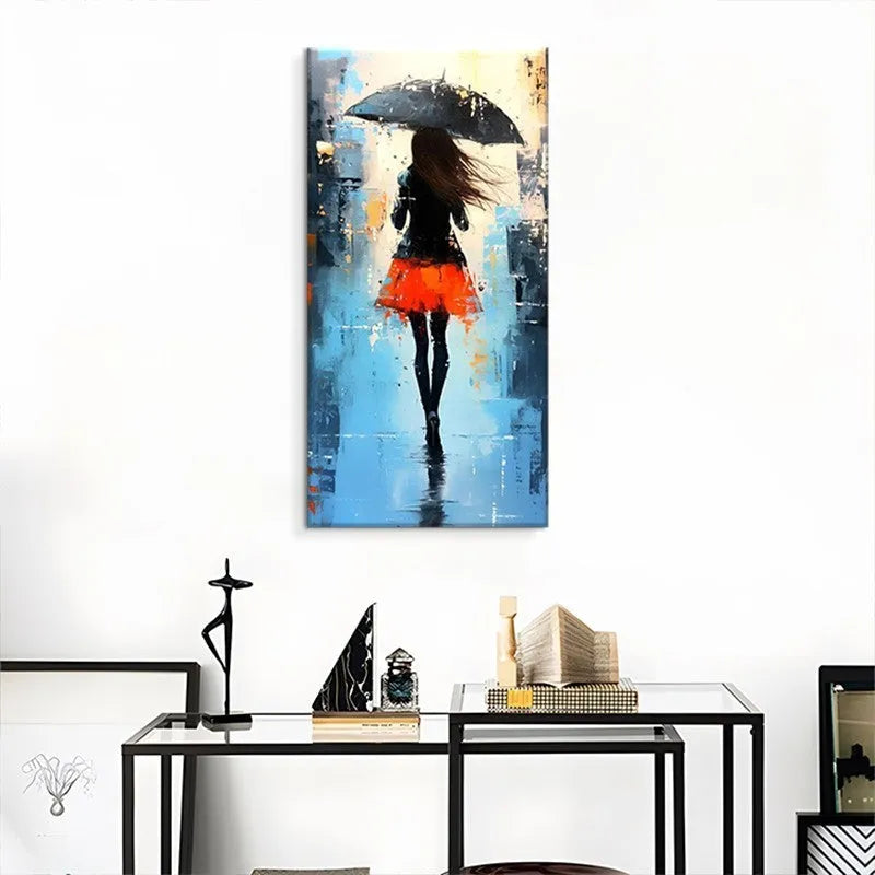 Hand painted modern abstract people walk rain oil painting on canvas wall art