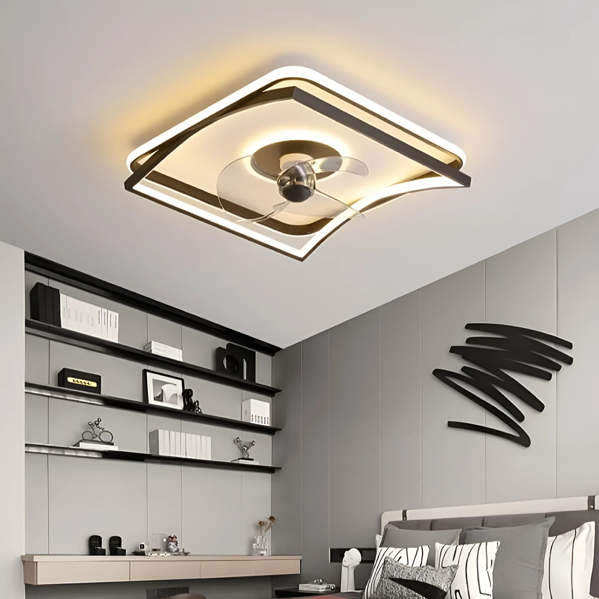 Modern black ceiling fan lamp with integrated lighting and remote control for bedroom or dining room