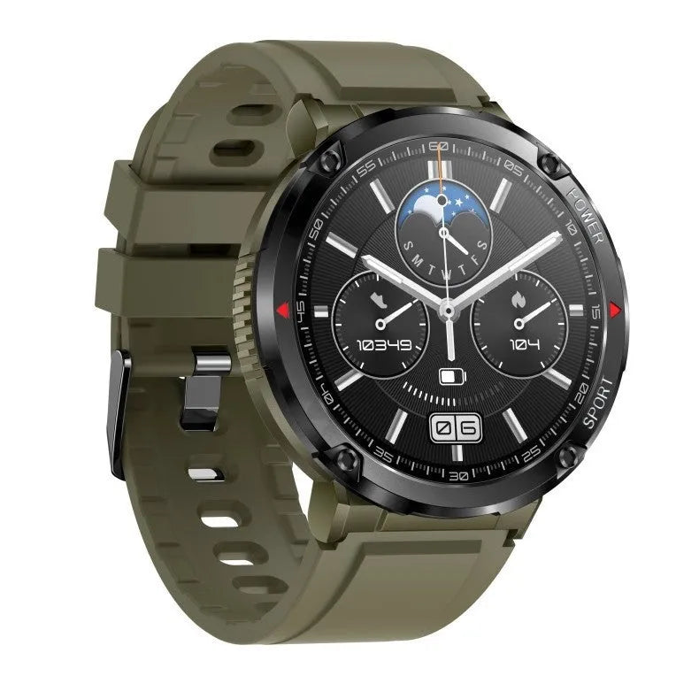 T30 smart watch with black silicone strap showing IPS screen displaying heart rate data.