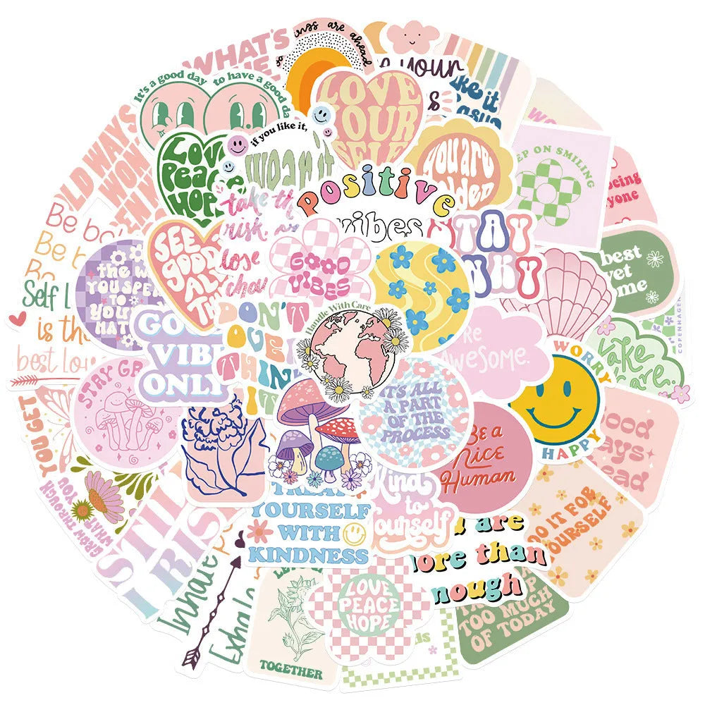 Danish pink motivational stickers with graffiti cartoon designs, size 4-6cm, pack of 50.