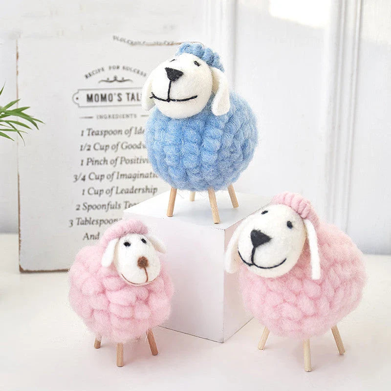 Adorable felt sheep miniature figurines in various colours and sizes for home decoration