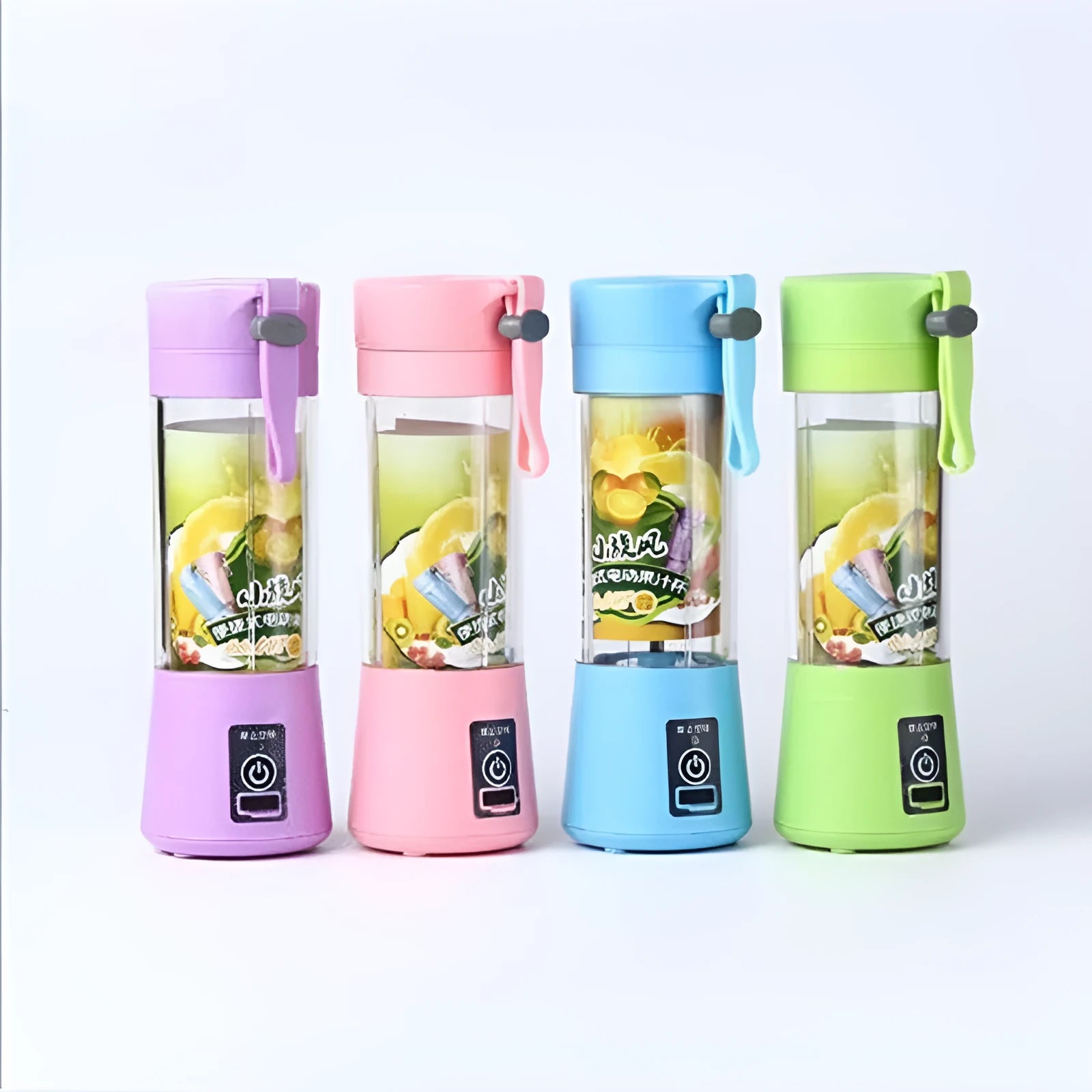 Mini USB-powered handheld fruit juicer with green plastic housing and a stainless steel blade.