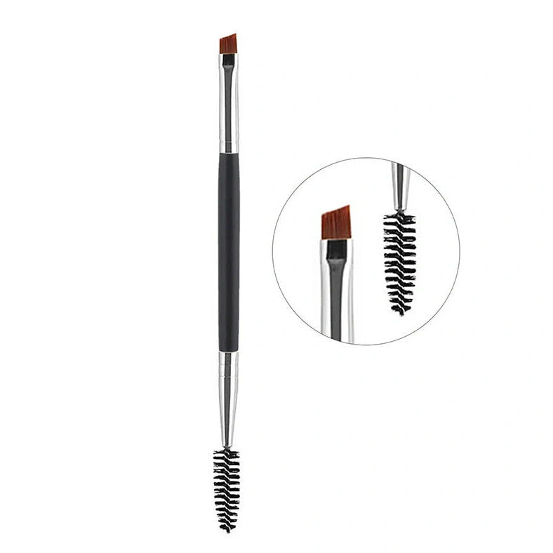 Angled eyebrow powder brush with wooden handle and pig bristles in multiple colour options