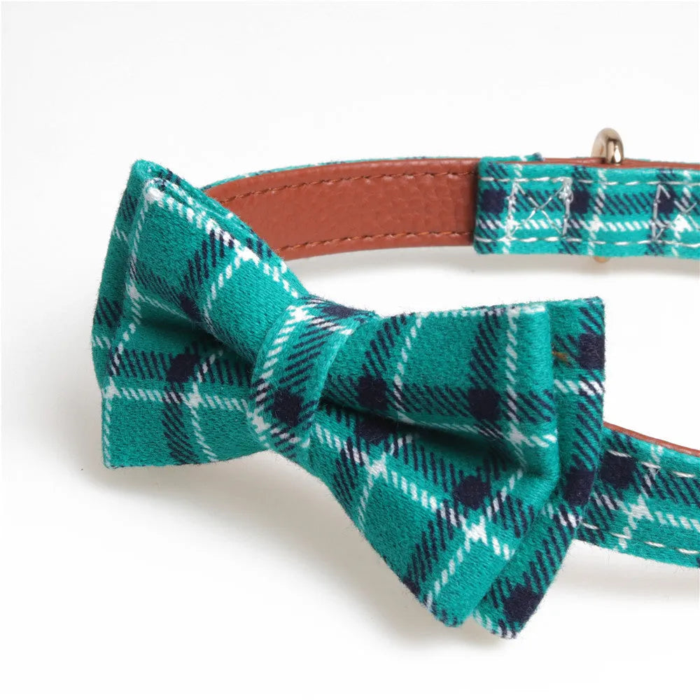 Adjustable bowknot traction collar for dogs made from cotton and PU leather in lattice pattern