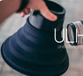 Black conical silicone lens hood for DSLR cameras showing large and small size options