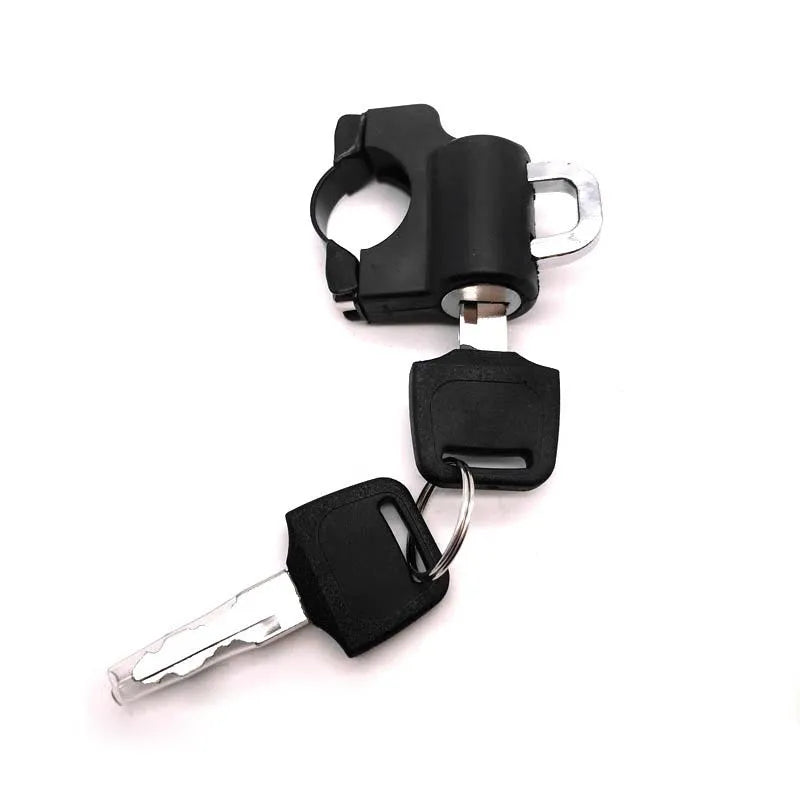Universal helmet lock model 0007-A in black plastic for 22mm leading handlebars with locking rod device