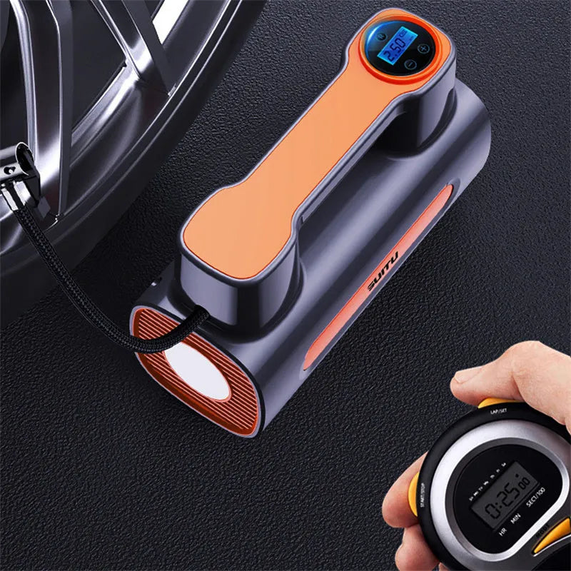 Portable 12V tyre inflator with digital display and rechargeable battery for car and bicycle tyres
