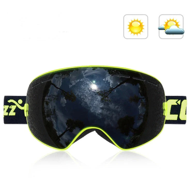 Premium ski goggles with wide spherical lens, anti-fog coating, and adjustable strap for winter sports activities