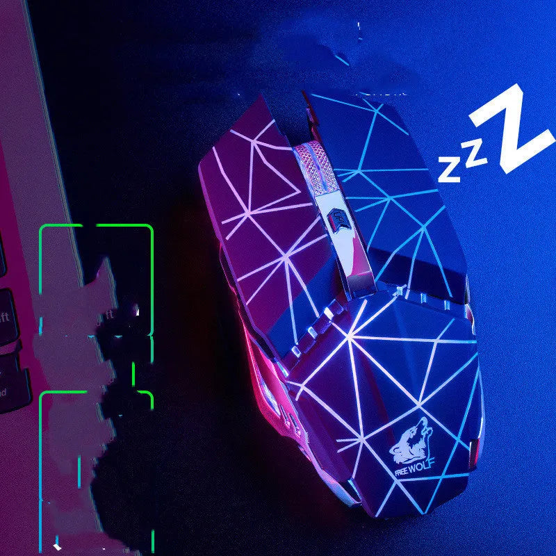 Black rechargeable wireless gaming mouse with six buttons on a desk next to a USB receiver.