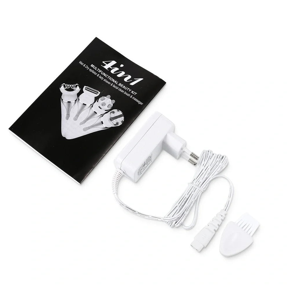 Black 4-in-1 rechargeable electric shaver epilator with four interchangeable heads for hair removal and facial care