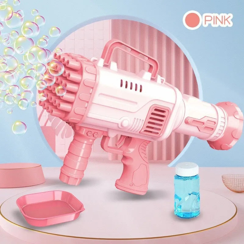 32-hole electric bubble machine in cherry pink or sky blue colours for children's outdoor play