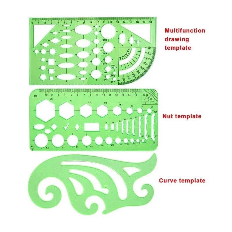 Clear green plastic geometric drawing templates set with 11 pieces and poly zipper envelope