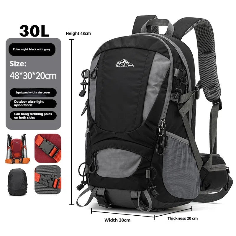 Men's large capacity lightweight hiking backpack 30L with rain cover, square shape, zipper closure