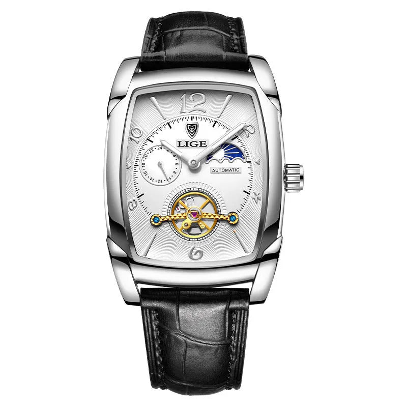 Men's rectangular mechanical watch with rose gold alloy case, white dial, calendar and transparent back