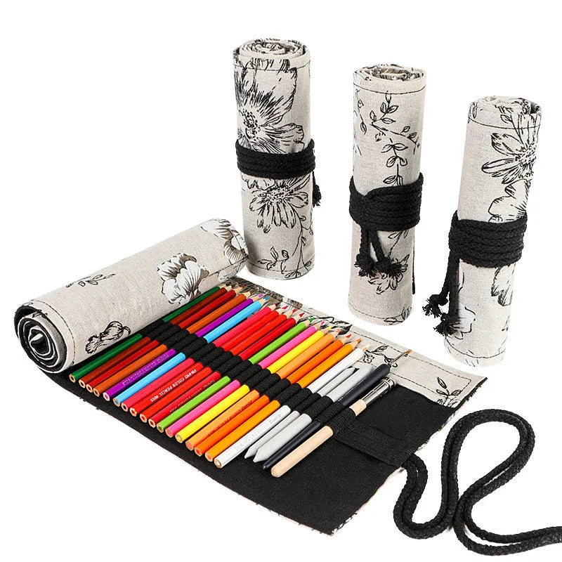 Black peony floral print pencil roll bag open to show multiple pencil slots.