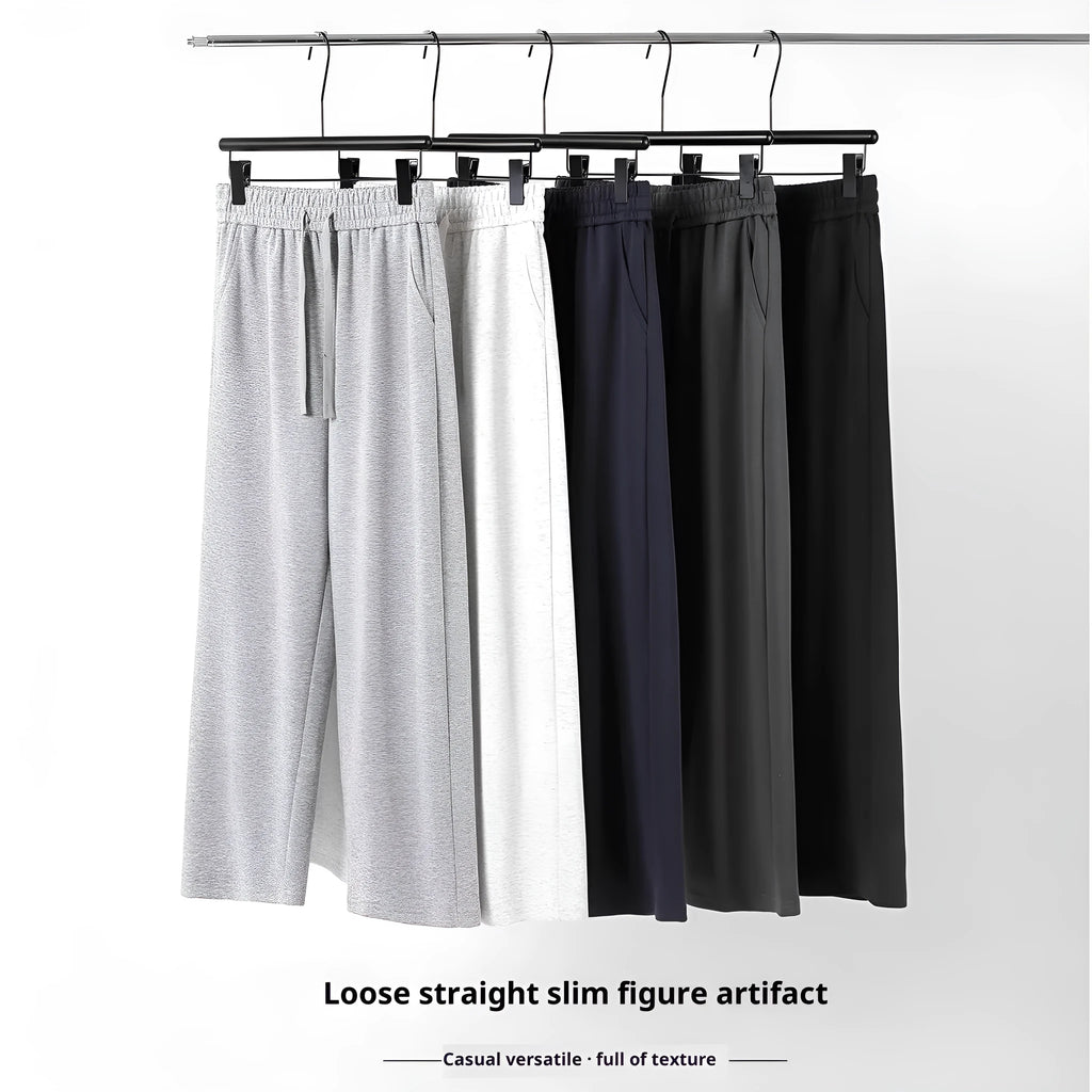 High-waisted cotton straight-leg pants in grey, loose fit, women's casual sweatpants