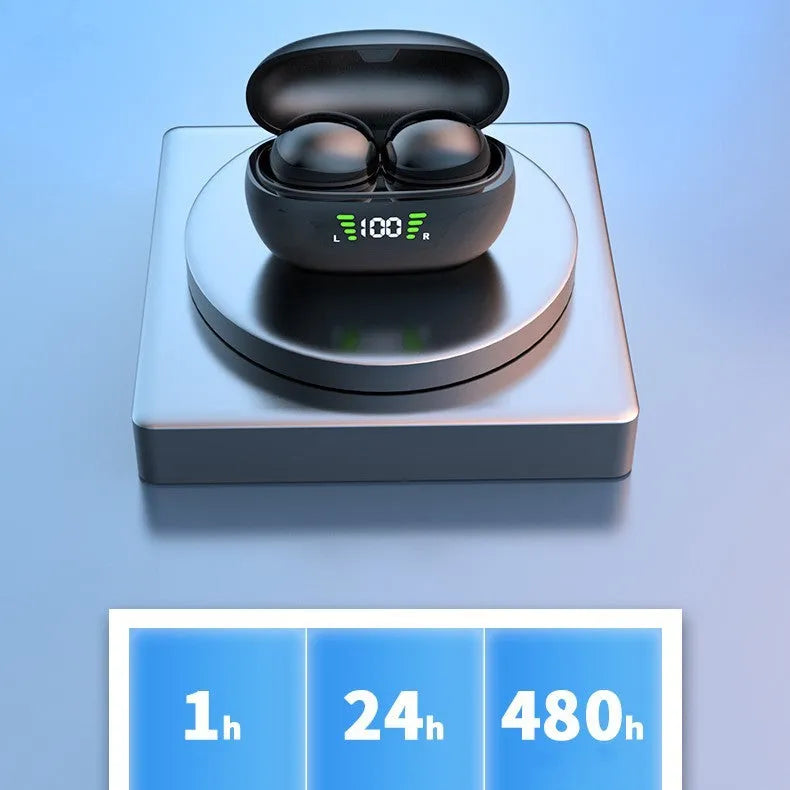 Black wireless Bluetooth headset with digital display screen and in-ear design
