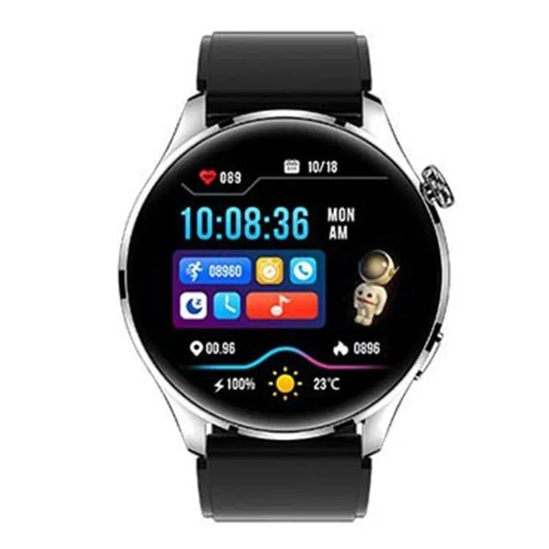Black smart watch with a round 1.32-inch screen on a silicone strap, showing Bluetooth calling interface.