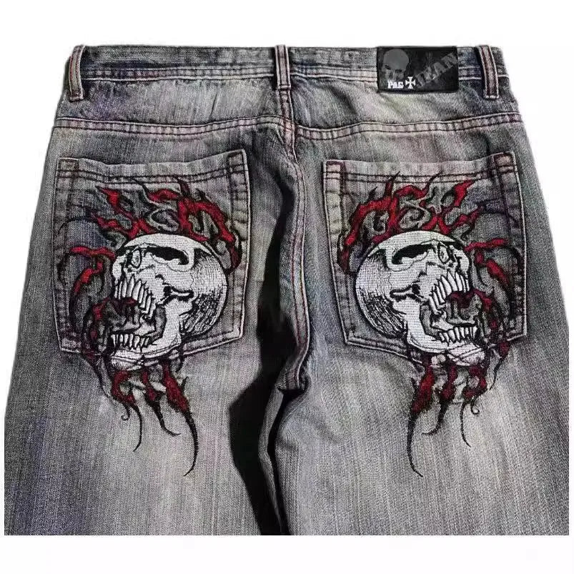 Men's grey washed-out jeans with American retro styling and wide-leg workwear design