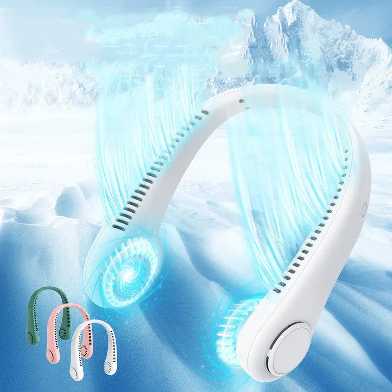 Rechargeable bladeless neck fan worn around neck showing decentralised air outlets
