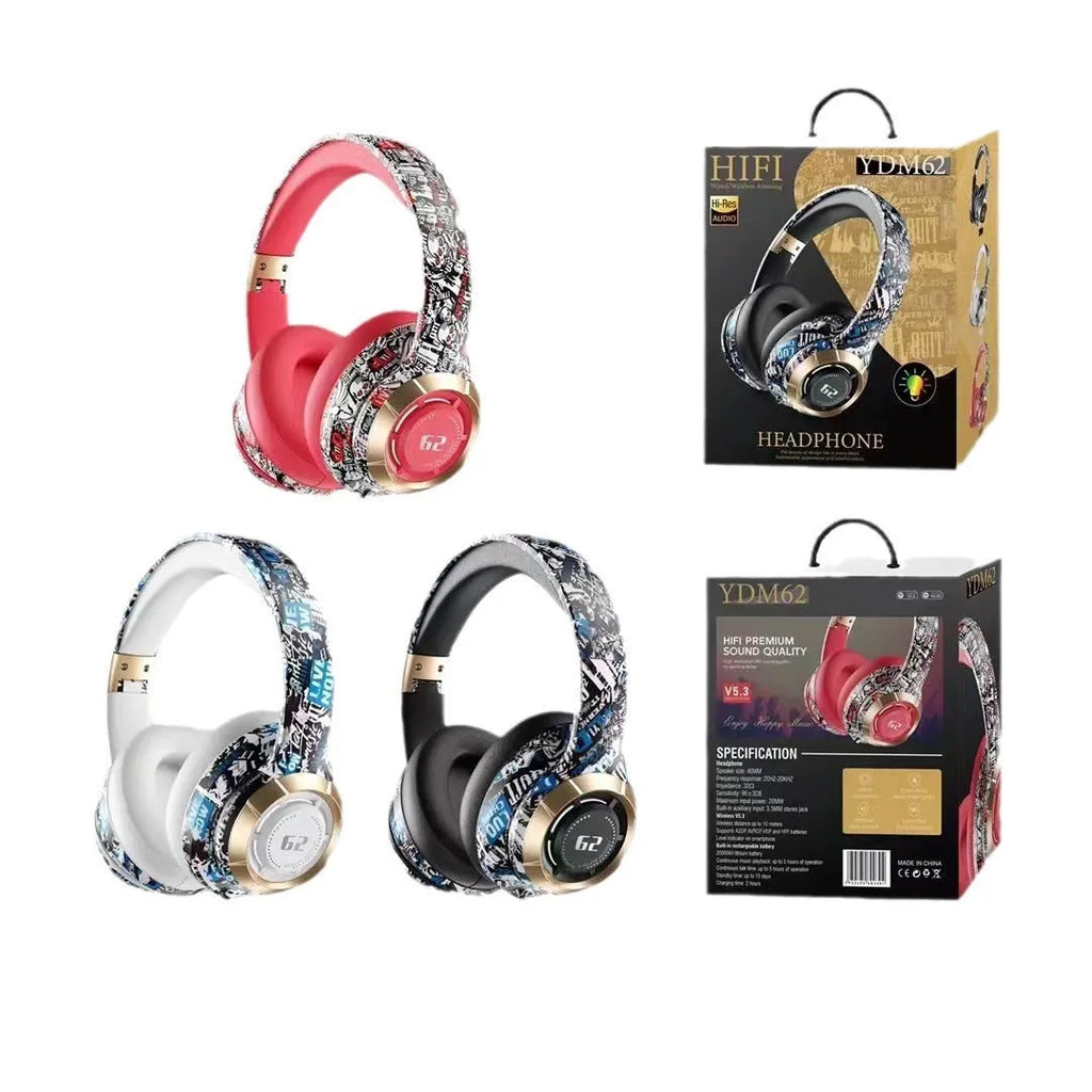 Bluetooth headphone head-mounted skull graffiti design in black with over-ear fit and ABS build