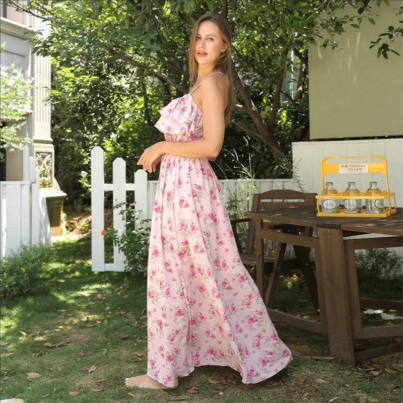 Women's pink floral printed summer dress in polyester fabric