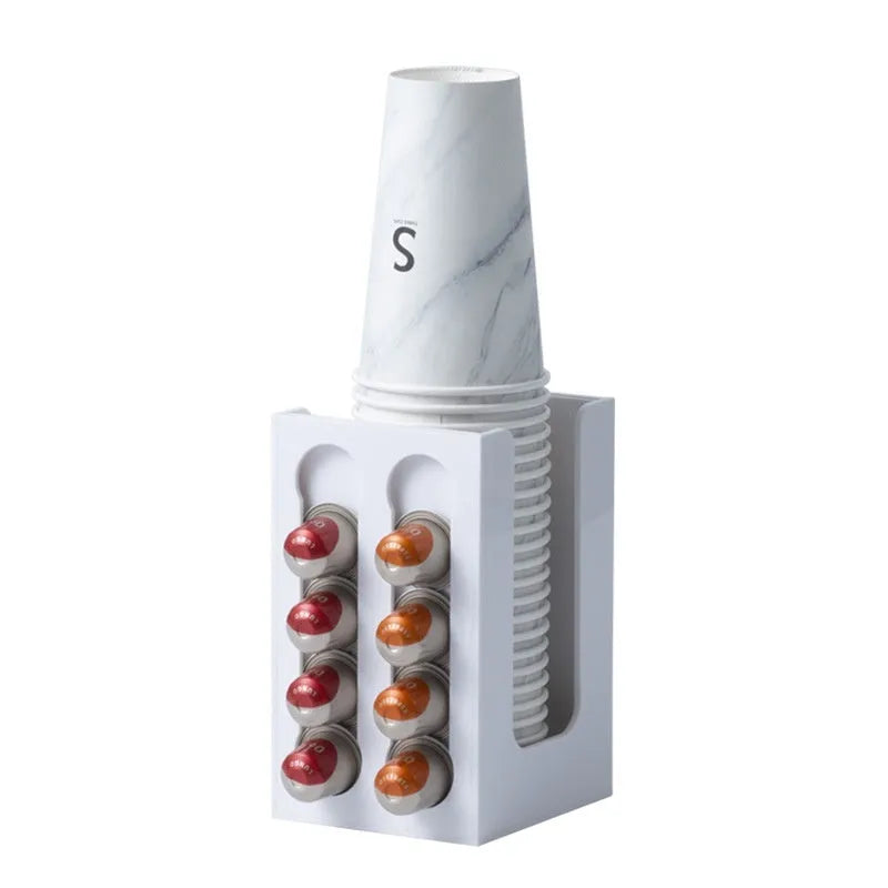 Acrylic rotatable coffee capsule storage rack in solid colour with capsules on a modern kitchen counter