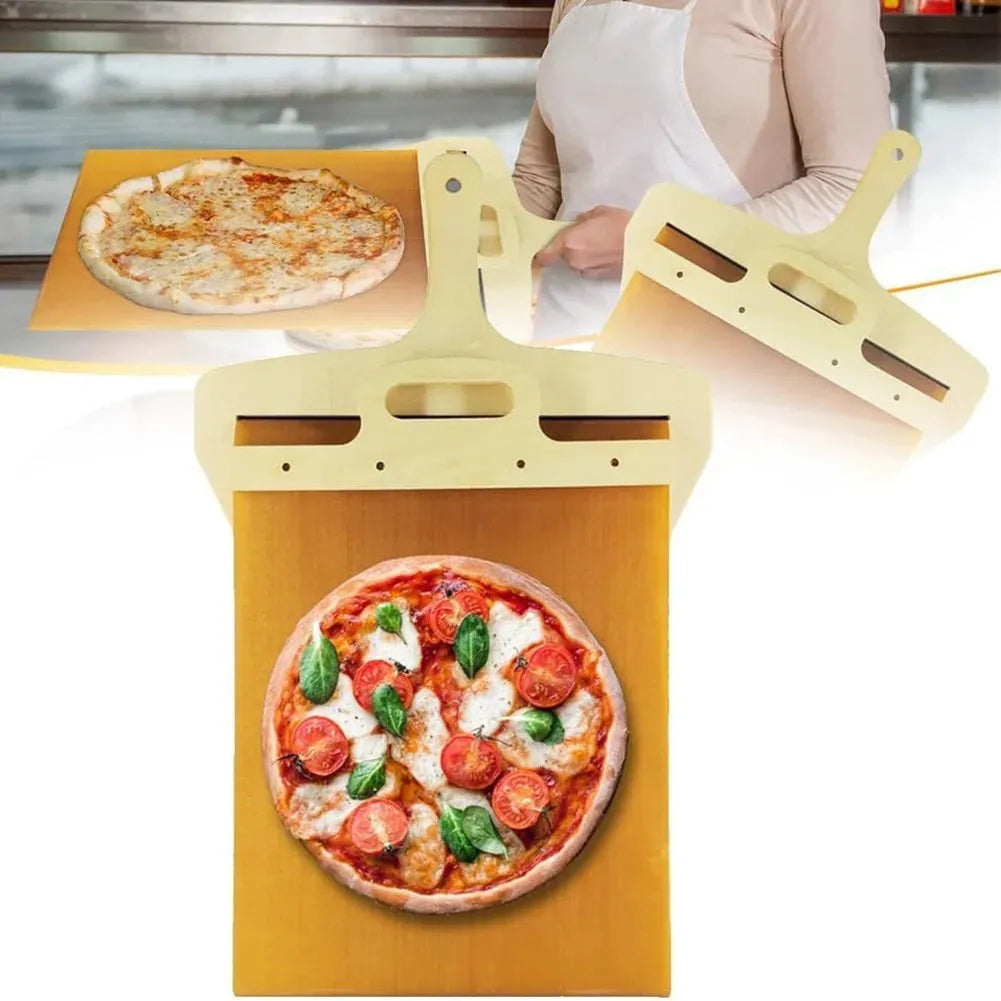 Natural wood pizza transfer shovel measuring 55cm with hanging hole for storage