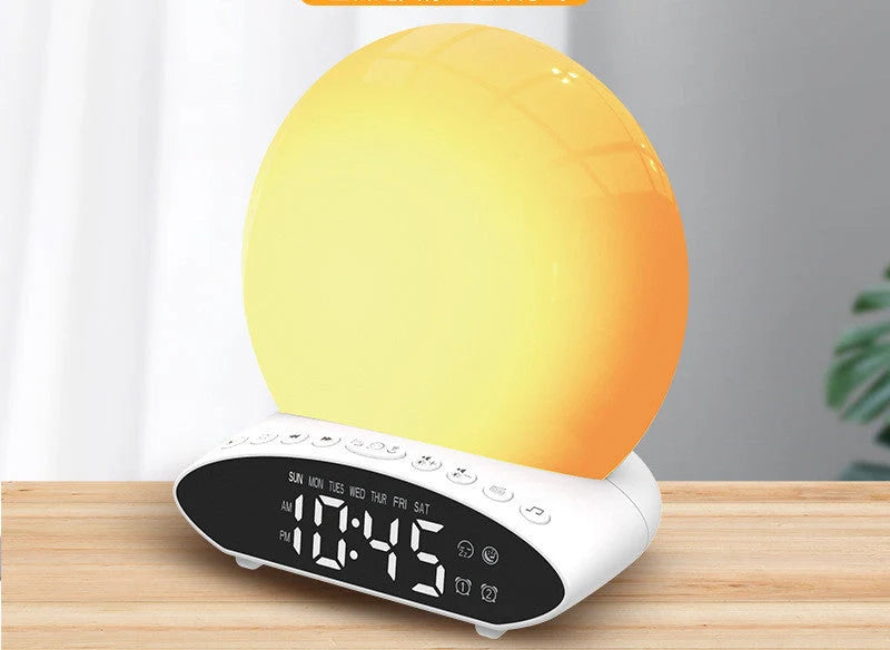 White wake-up light alarm clock with sunrise simulation and FM radio features