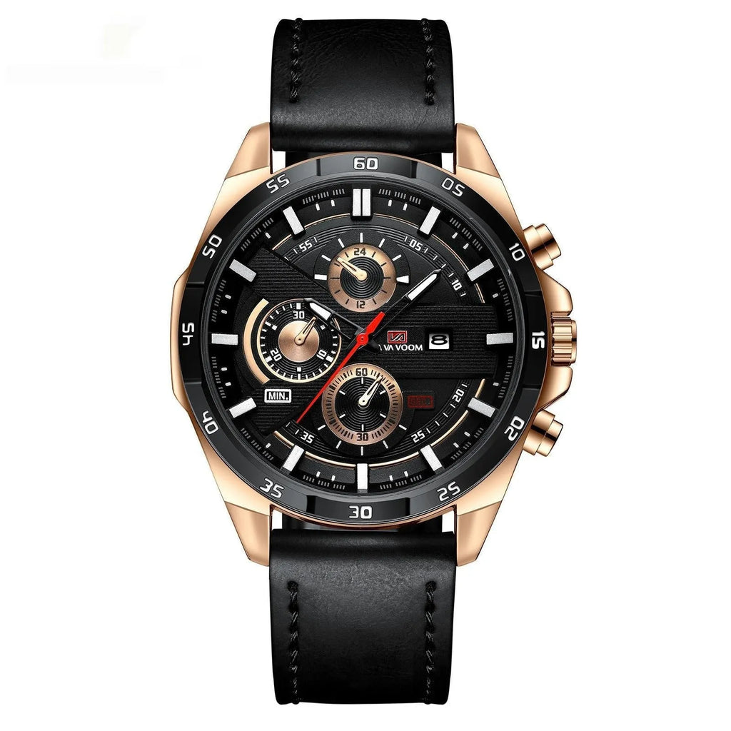 Men's business calendar waterproof quartz watch in rose gold and black on a 10mm thick case.