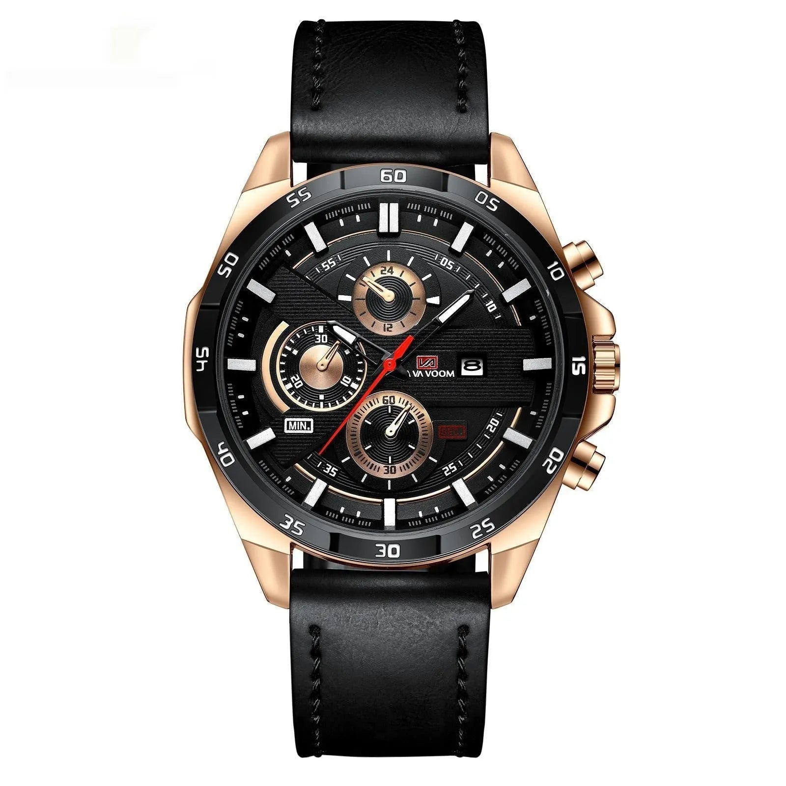 Men's business calendar waterproof quartz watch in rose gold and black on a 10mm thick case.