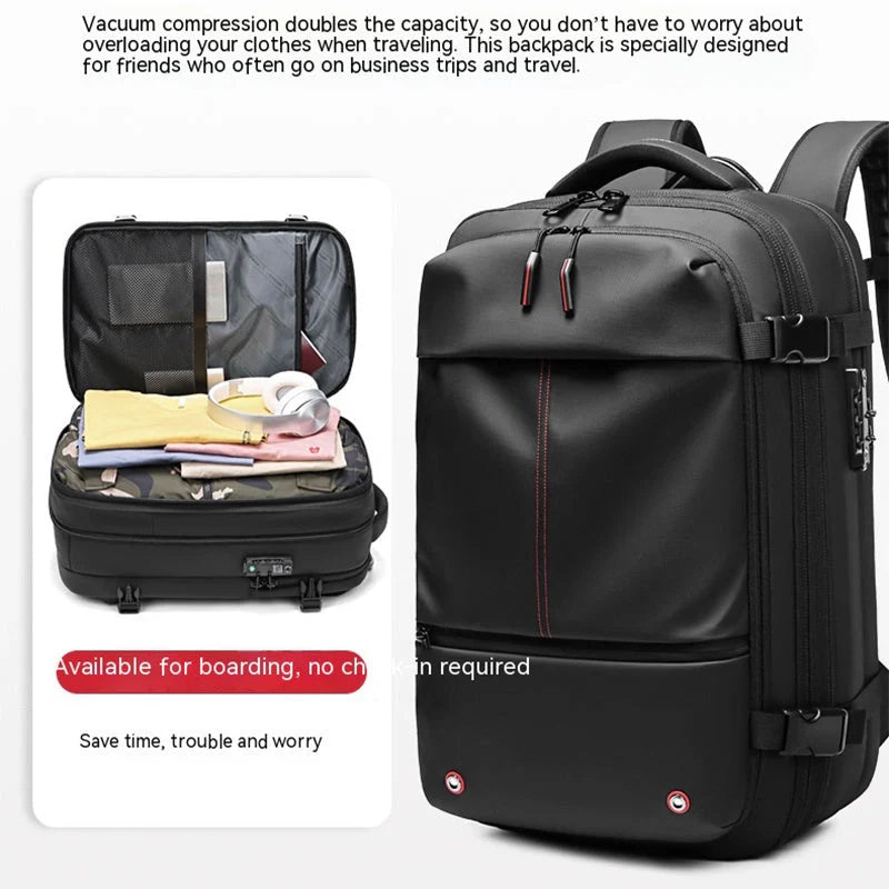 Men's business travel backpack with vacuum compression and multiple compartments
