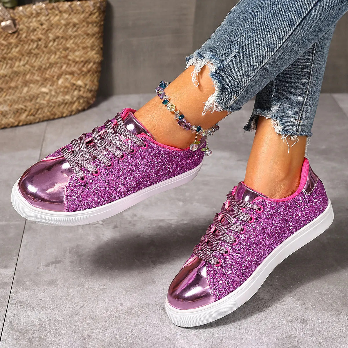 Women's plus size black sequined lace-up board shoes with a flat heel and round toe on a white background