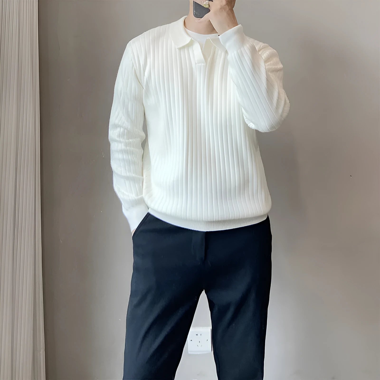 Boys loose elastic knitted sweater with lapel collar and striped texture in modal rabbit fur blend