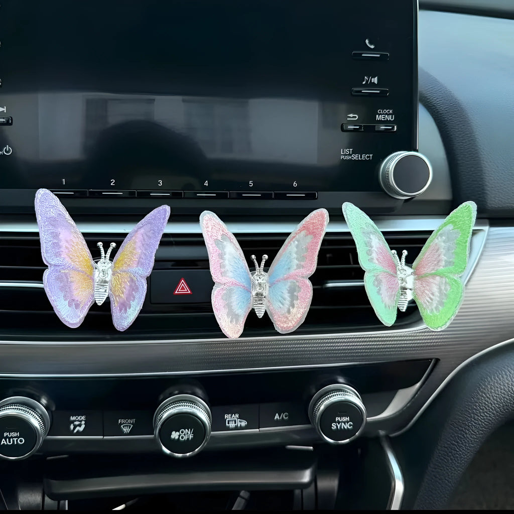 Blue fabric embroidery butterfly car air vent decoration with clip-on attachment