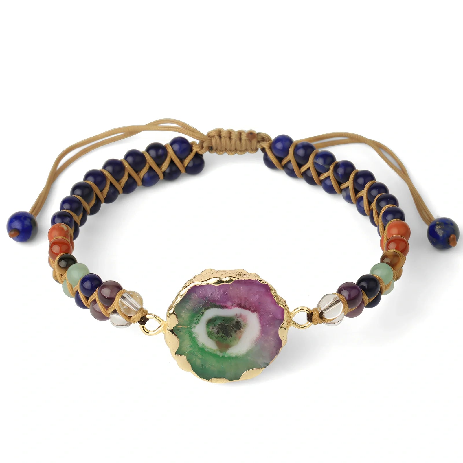 Geometric braided yoga bracelet with natural agate and crystal beads in lapis lazuli colour