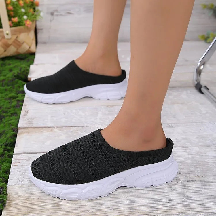 Women's casual mesh wedge heel slippers in gray, round toe, slip-on style with rubber sole
