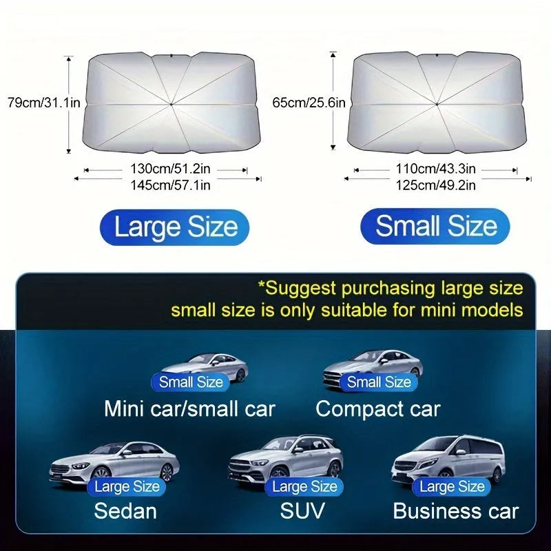 Foldable car windshield sunshade umbrella shown open and folded, with automatic rebound button.