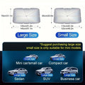 Foldable car windshield sunshade umbrella shown open and folded, with automatic rebound button.