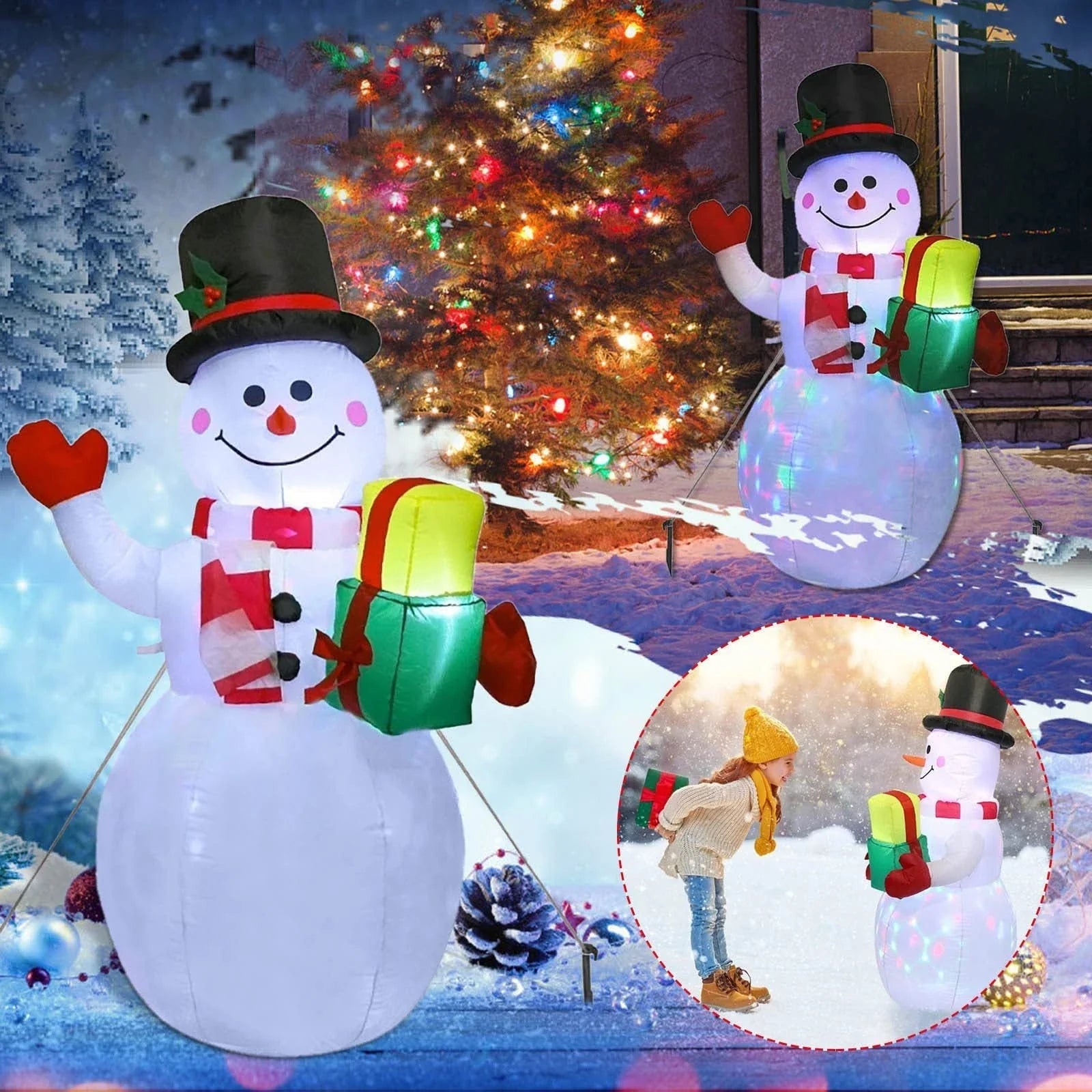 Illuminated Christmas inflatable decorations including Santa, snowman, and Christmas tree in a festive outdoor scene