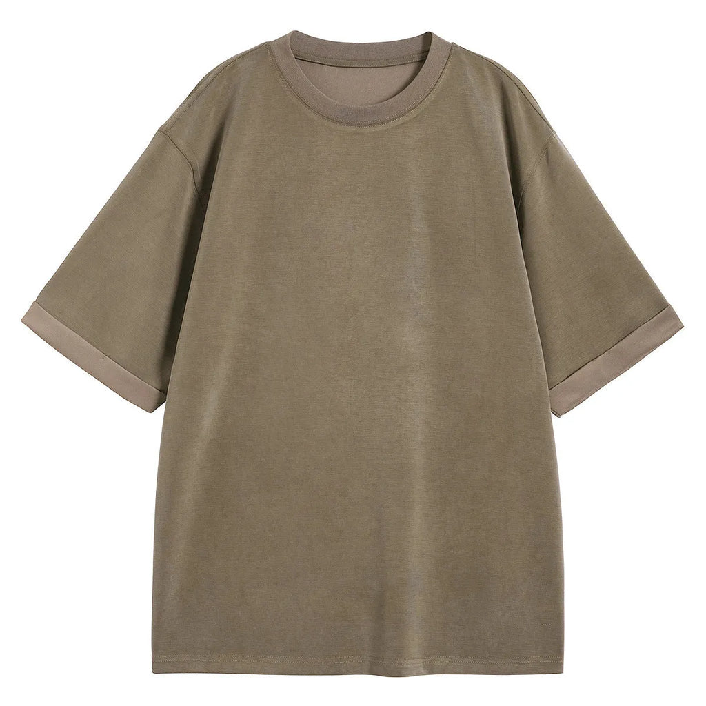 Men's brown drape knit loose casual T-shirt with short sleeves on hanger