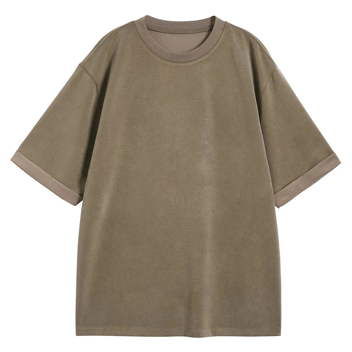 Men's brown drape knit loose casual T-shirt with short sleeves on hanger