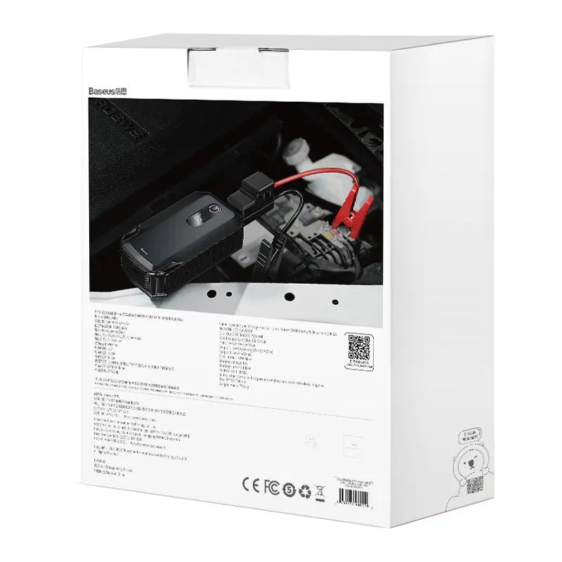 Baseus Super Energy Max black portable car jump starter with 20000mAh battery and 2000A peak current on a dark background