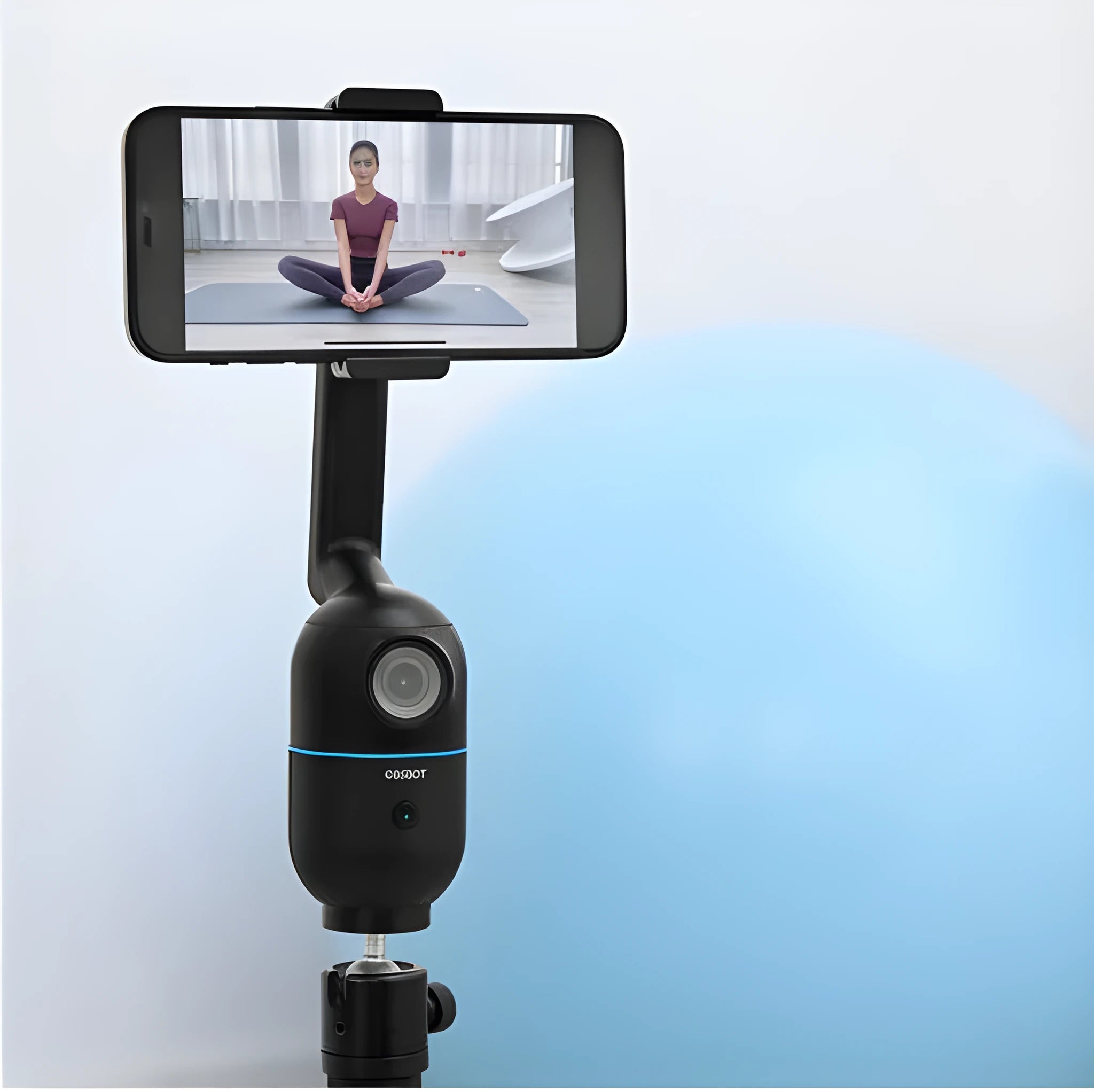 Black mobile phone bracket with face-following technology and PTZ tripod mounted on a phone