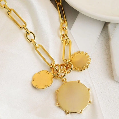 Gold sun pendant necklace with stainless steel chain, adjustable length 41cm to 50cm