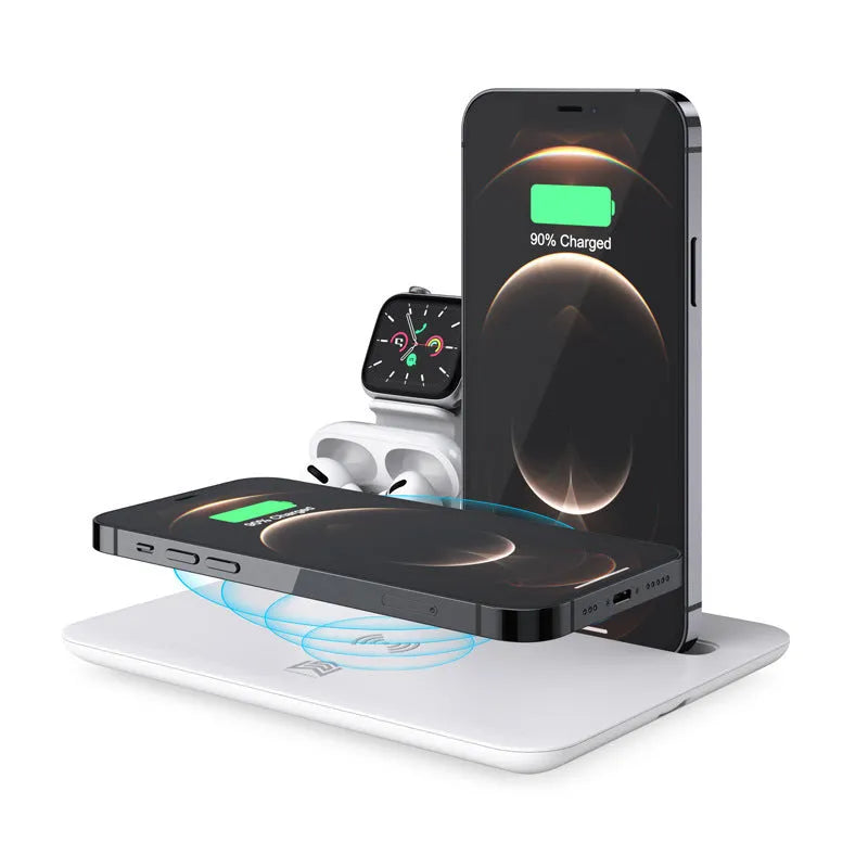 Black wireless charging bracket holding an iPhone vertically, with AirPods and an Apple Watch on its base.