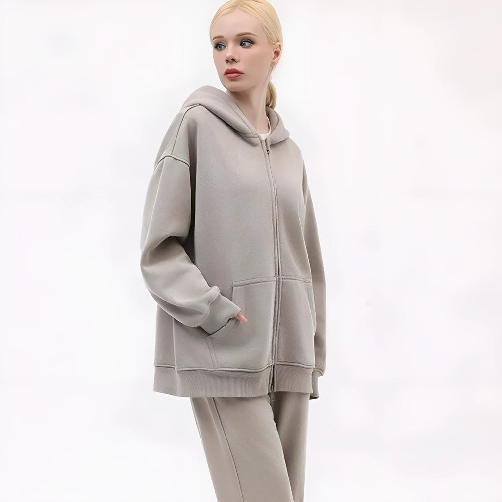 Women's loose fit fleece-lined hooded cardigan in a distressed colour with patch pocket