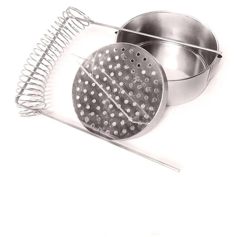 Silver stainless steel oil painting pen washer with a brush clamped at the rim