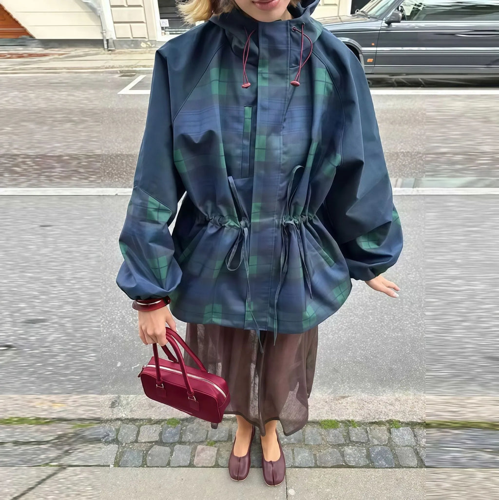 Outdoor hooded fashion plaid loose windbreaker jacket in dark blue polyester, available in sizes S M L XL